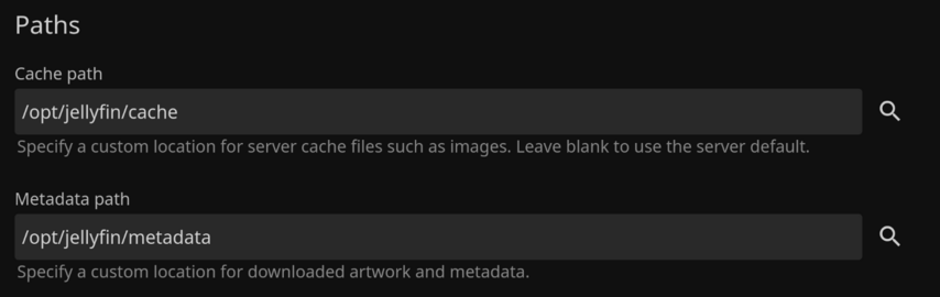 The Jellyfin path settings showing that both the cache and metadata information is being stored in /opt/jellyfin which is an NFS share coming off of TrueNAS.