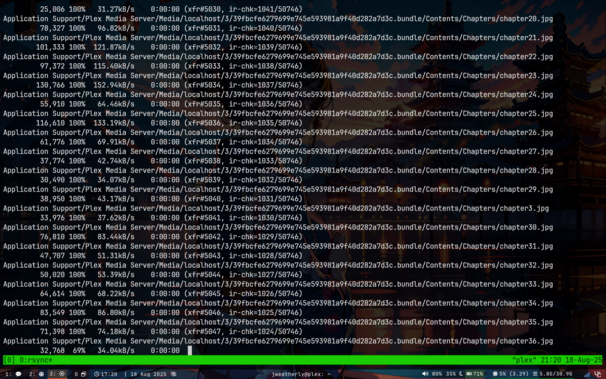A screenshot of rsync copying all the data from /var/lib/plexmediaserver to its new home.
