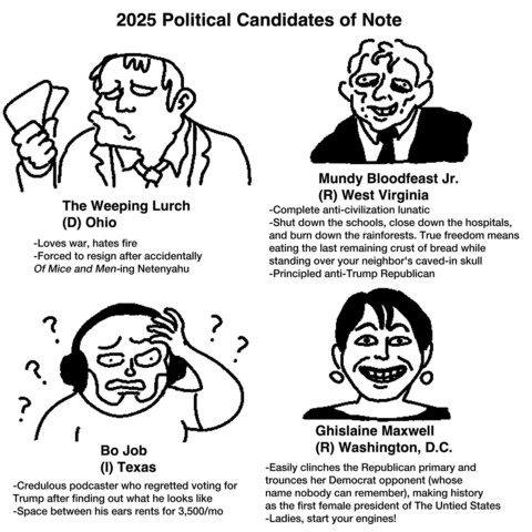 2025 Political Candidates of Note

The Weeping Lurch (D) Ohio

-Loves war, hates fire

-Forced to resign after accidentally Of Mice and Men-ing Netenyahu

Mundy Bloodfeast Jr. (R) West Virginia

-Complete anti-civilization lunatic

-Shut down the schools, close down the hospitals, and burn down the rainforests. True freedom means eating the last remaining crust of bread while standing over your neighbor's caved-in skull -Principled anti-Trump Republican

Bo Job (I) Texas

-Credulous podcaster w…