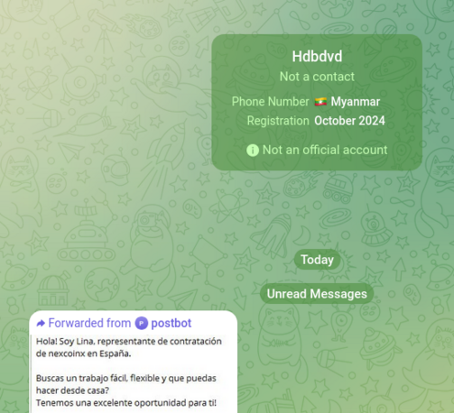 Captura de pantalla de un chat de telegram en el que se ve un nsúmero de teléfono de Myanmad que reenvía una imagen de un bot con un texto que empieza "Hola! Soy Lina, representante de contraración de nexxcoinx em España."