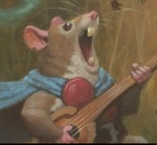 Un dibujo de un ratón cantando desgañitándose mientras toca una especie de laúd