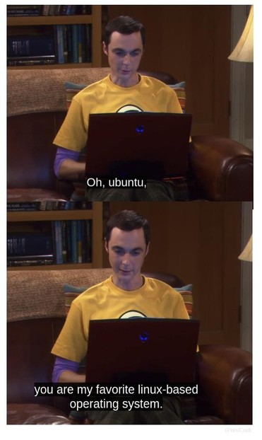 A picture of the character Sheldon Cooper in the tv series The big bang theory saying Oh, Ubuntu you are my favorite linux-based operating system while smiling.