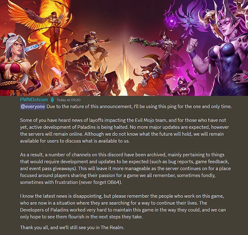 A lineup of colorful, armored characters, each displaying distinct weapons and magical abilities, set against a dramatic sunset. Below, a text announcement regarding a halt in game development and layoffs in the "Paladins" team, conveying a tone of uncertainty and disappointment.