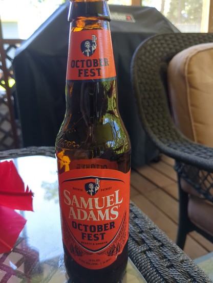 Sam Adams Octoberfest beer on a back porch.