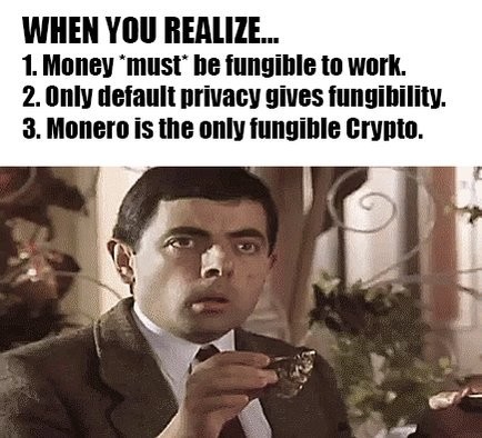 A surprised man pauses while holding a cookie in front of his mouth. Text above states that money must be fungible and highlights Monero's privacy.