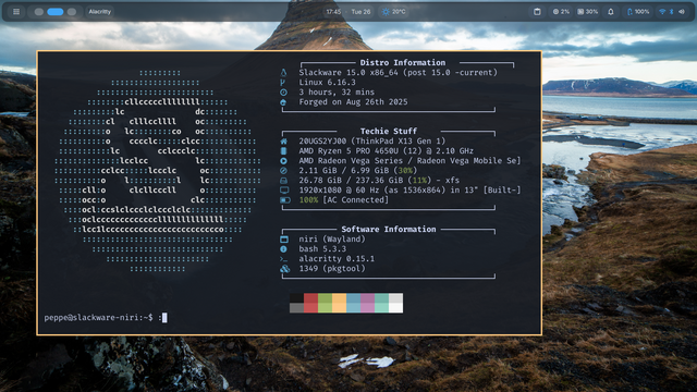 Screenfetch of Slackware current, running the Niri windowmanager and the DankMaterialShell