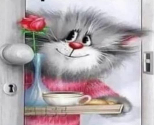 kitten coming with tea and flower