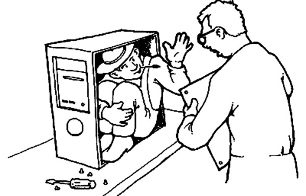 farmer inside a computer case waving at startled computer guy