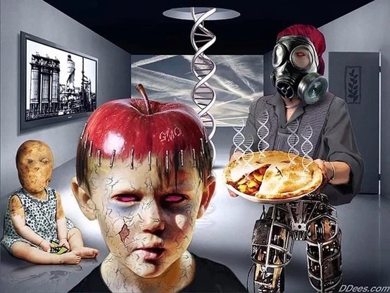 apple Frankenstein kid and potato baby girl and apple pie serving cyborg parent and DNA ladder and chemtrails