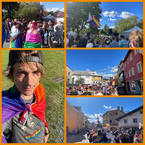 Collage aus Bildern vom Demozug und der Kundgebung beim CSD in Zwiesel unten links ein Selfie von Jonas während des CSDs