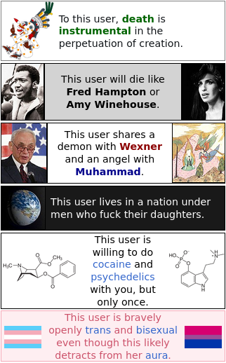 To this user, death is instrumental in the perpetuation of creation.
This user will die like Fred Hampton or Amy Winehouse.	
This user shares a demon with Wexner and an angel with Muhammad.	
This user lives in a nation under men who fuck their daughters.
This user is willing to do cocaine and psychedelics with you, but only once.	
This user is bravely openly trans and bisexual even though this likely detracts from her aura.
