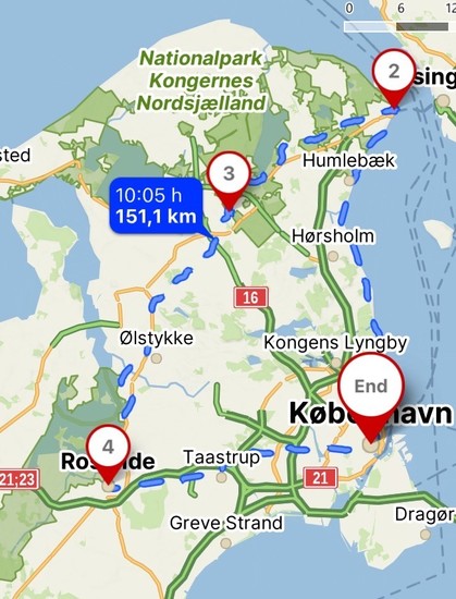 A map displaying a route in Denmark, highlighting locations with numbered points (1, 2, 3, 4) and an endpoint in Copenhagen. The map indicates distance and time estimates for the journey, with roadways and nearby parks depicted.