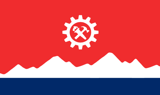 Flag with a red upper section, featuring a white gear with a hammer and sickle. Below are stylized white mountains and a blue stripe, evoking a sense of industry and nature.