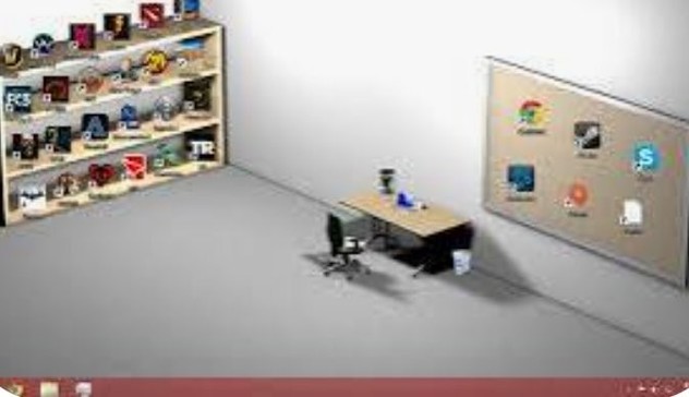windows icons arranged around a wallpaper with desk and shelf and board so its like a physical place