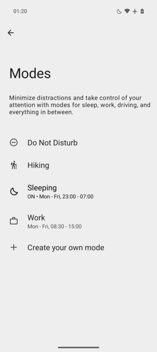 Mobile settings screen titled "Modes" with options including Do Not Disturb, Hiking, Sleeping, Work, and create custom mode.