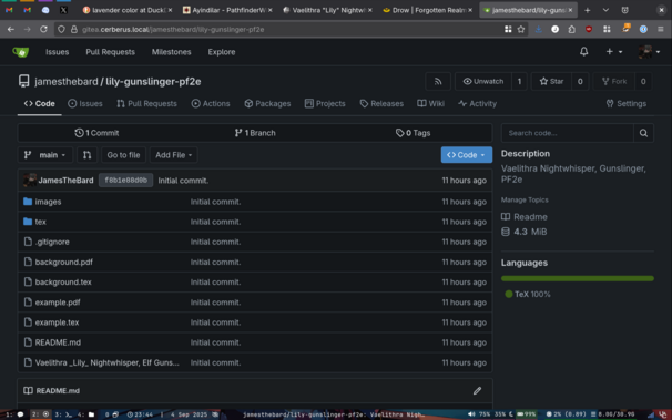 A screenshot of a personal git server hosting a Pathfinder 2E character named Lily who is an 8th level gunslinger.
