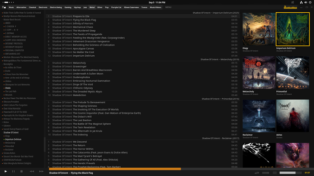 Album library interface displaying metal band "Shadow of Intent" song list, cover art on the right. 