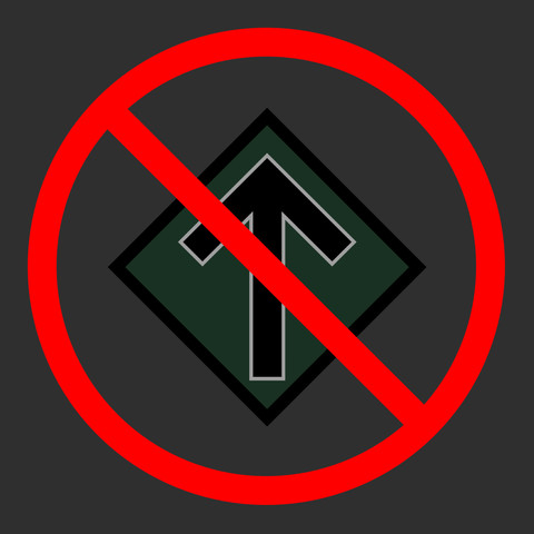 A black background features a dark green diamond with a black arrow inside. A red prohibition circle and line overlay the symbol, indicating disapproval.