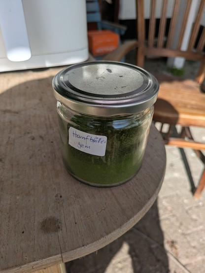 foto af et glas med skruelåg. I glasset befinder sig et fintmalet, urtegrønt pulver, som stammer fra ...? Lige præcis!