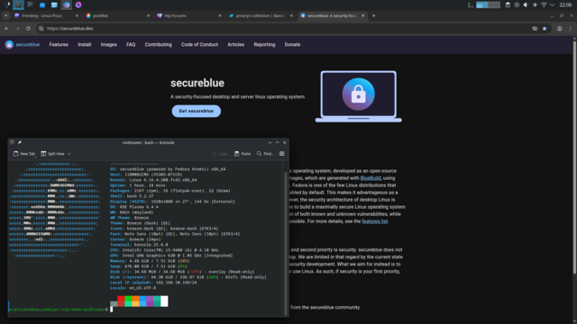 Screenshot of a dark-themed website for "secureblue," a secure Linux OS. A terminal window displays system info. The tone is technical and secure.