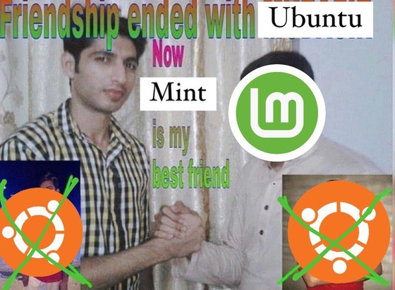 Meme showing two men shaking hands. Overlay text says, "Friendship ended with Ubuntu, now Mint is my best friend." Ubuntu logos have green crosses.