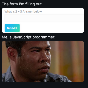 The form I'm filling out: What is 2 + 3 Answer below:

Me, a JavaScript programmer: Photo of man sweating profusely.