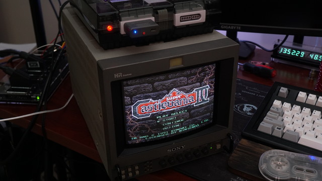 A picture of Super Castlevania IV running on a smoke-shelled Super Nintendo.