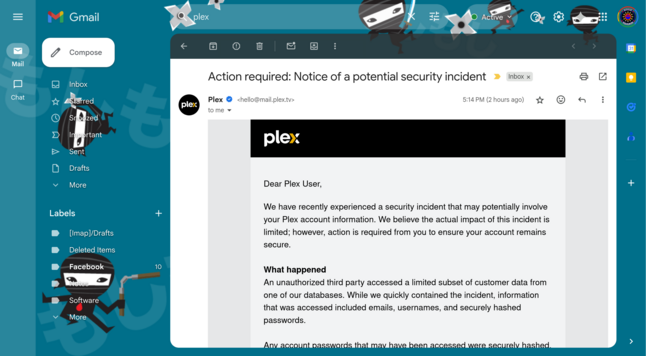 A screenshot of the Plex security incident email in Gmail.