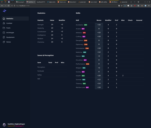 The current state of the character sheet.  The Stats and Skill blocks are populated and calculating, and the Saves block is still in progress.