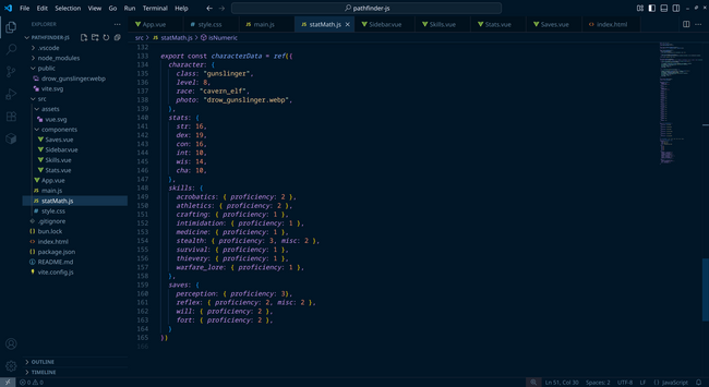 A screenshot of the character sheet data.  It's currently inside the JS code because I haven't moved it out yet.  Fairly simple.