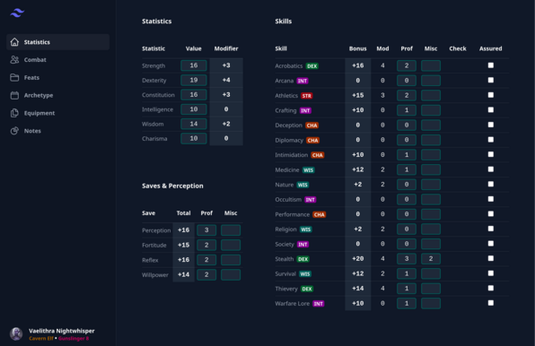 A screenshot of the first page of the character sheet showing stats, skills, and saves.