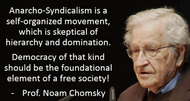 Portrait of Noam Chomsky beside his quote on Anarcho-Syndicalism, advocating democratic foundations for a free society. 