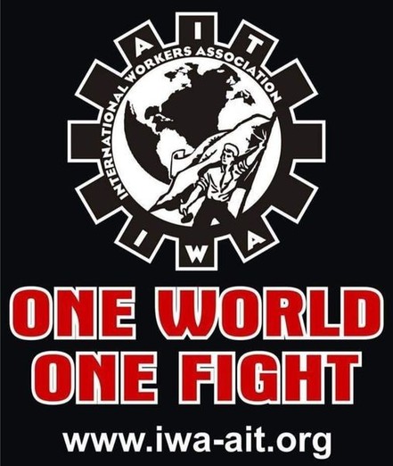 Logo for the International Workers Association with a globe and worker illustration. Text reads "One World One Fight" and website URL. Bold and unified tone.