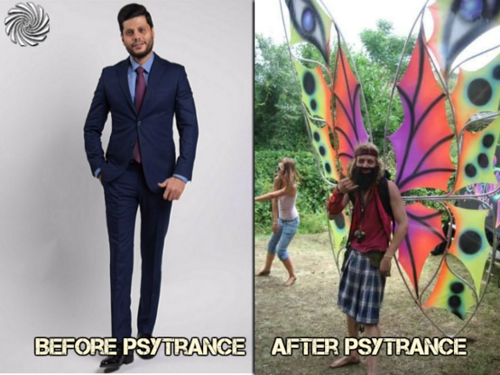 Split image: Left, a man in a formal blue suit standing confidently. Right, a casually dressed man with colorful butterfly wings at an outdoor event, conveying transformation.