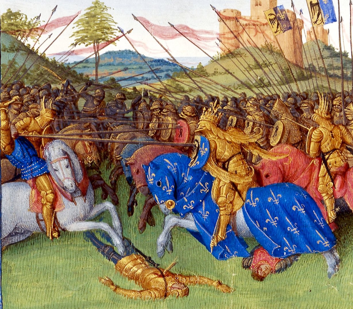 lancing on the battlefield. golden armor green hills and red blood