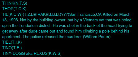 TIE(K.C.W)(T.2.B)(IRAK)(B.B.B.)???)San Francisco,CA Killed on March 18, 1998. Not by the building owner, but by a Vietnam vet that was holed up in the Tenderloin district. He was shot in the back of the head trying to get away after dude came out and found him climbing a pole behind his apartment. The police released the murderer (William Porter)