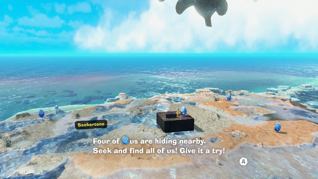Screenshot of a video game, Donkey Kong Bananza. Pictured is a completely leveled island, where 4 characters are hidden.