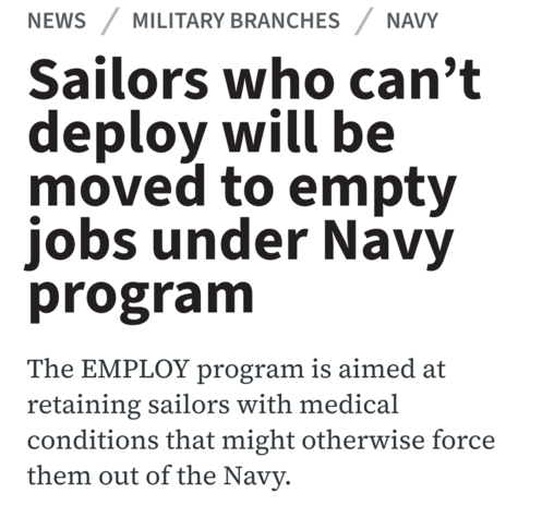 Sailors who can't deploy will be moved to empty jobs under Navy program

The EMPLOY program is aimed at retaining sailors with medical conditions that might otherwise force them out of the Navy.