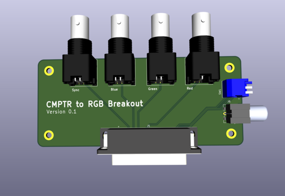 A 3D view of the CMPTR to RGB breakout PCB.  The top edge has BNC connections for red, blue, green, and sync signals.  The right edge has three DIP switch settings along with a mono audio RCA jack, and the bottom is a DB-25 connector to connect to the Sony PVM.