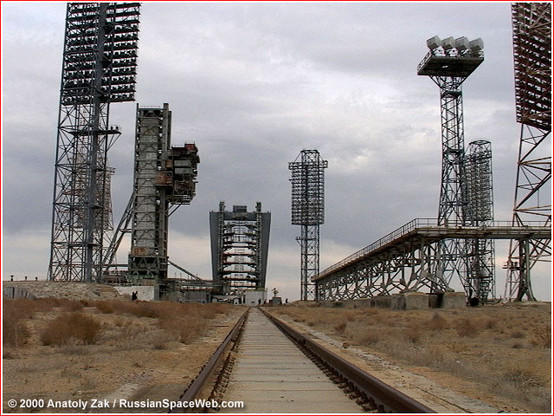 Situated on the northern edge of the Baikonur space center, Site 250 as viewed from one of two main railway lines, which were used to roll out the Energia rocket from its assembly building.
