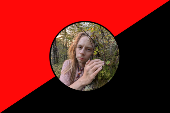 A young person with long hair is shown as a circular cutout against the red and black diagonal background of an anarchist flag.