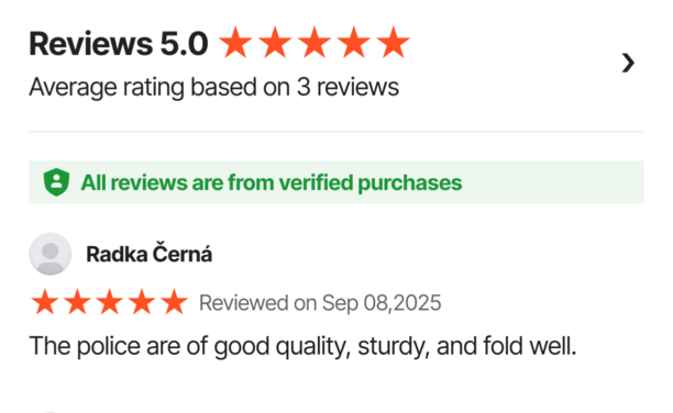 All reviews are from verified purchases

Radka Černá

Reviewed on Sep 08,2025

The police are of good quality, sturdy, and fold well.
