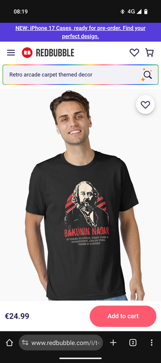 A person wearing a black T-shirt featuring an illustration of Bakunin Nadar with red accents and text. The T-shirt is priced at €24.99 on a shopping website.