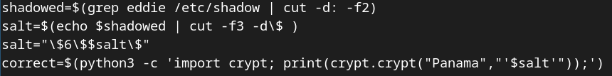 Snippit of python code showing reading a crypted PW from shadow, then encrpyting a string with the same salt to compare if password was set correctly in a student exam.