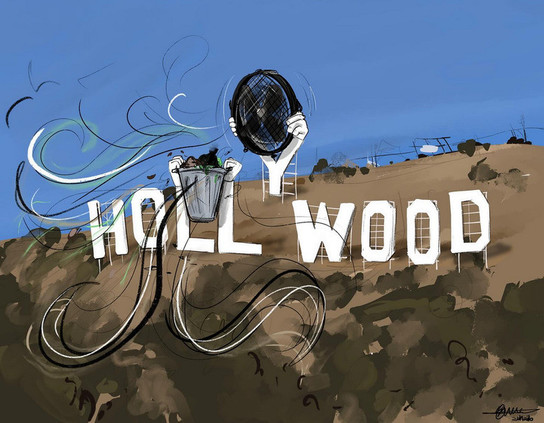 a hollywood sign, the letter 'y' is holding a fan blowing rubbish out from a bin the the 'LL' is holding