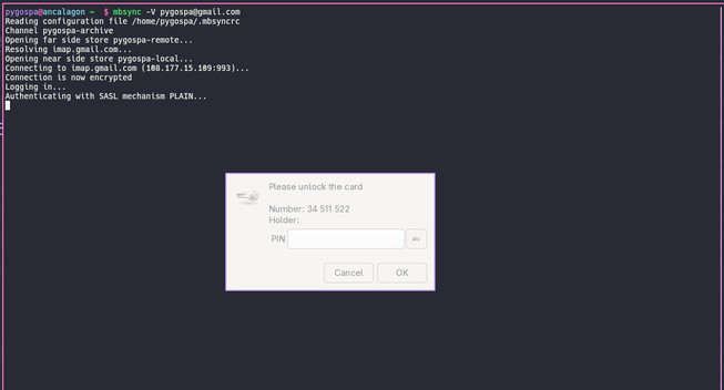 Screenshot of a terminal in background showing a manual triggering of mbsync with one of my mail addresses, and a GTK window in foreground (pinentry-gtk) prompting me to insert the PIN to unlock my Yubikey to decript the passwords provided by the GPG encrypted password store from pass.