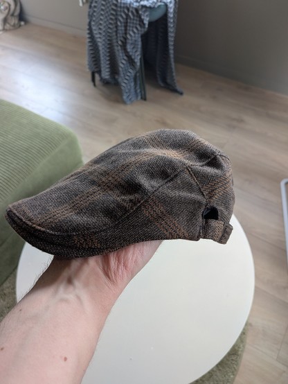 A brown flat cap with a plaid pattern is held in a hand. The background features a wooden floor, green furniture, and a chair with a textile draped over it.