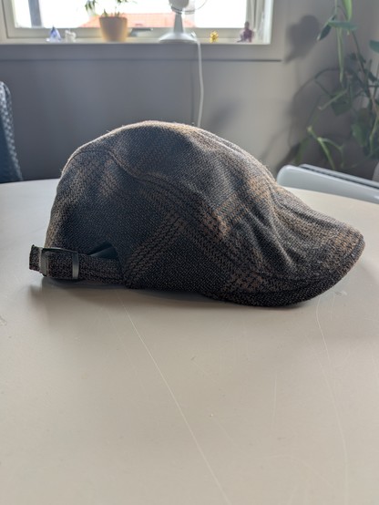 A brown and black plaid flat cap with a metal buckle sits on a white table in a softly lit room. A window and plants are visible in the background, creating a calm atmosphere.