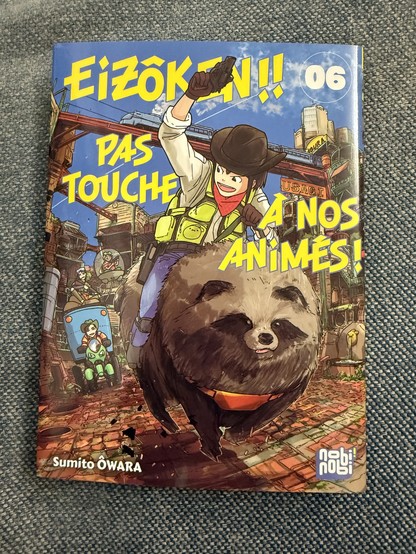 La couverture de Eizōken vol 6. Avec Midori qui monte un tanuki géant façon rodéo, mais ça n’a rien à voir avec l’histoire, sans surprise.
