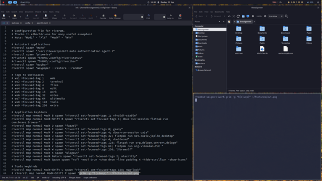 Screenshot of various application windows open in riverwm, on FreeBSD.